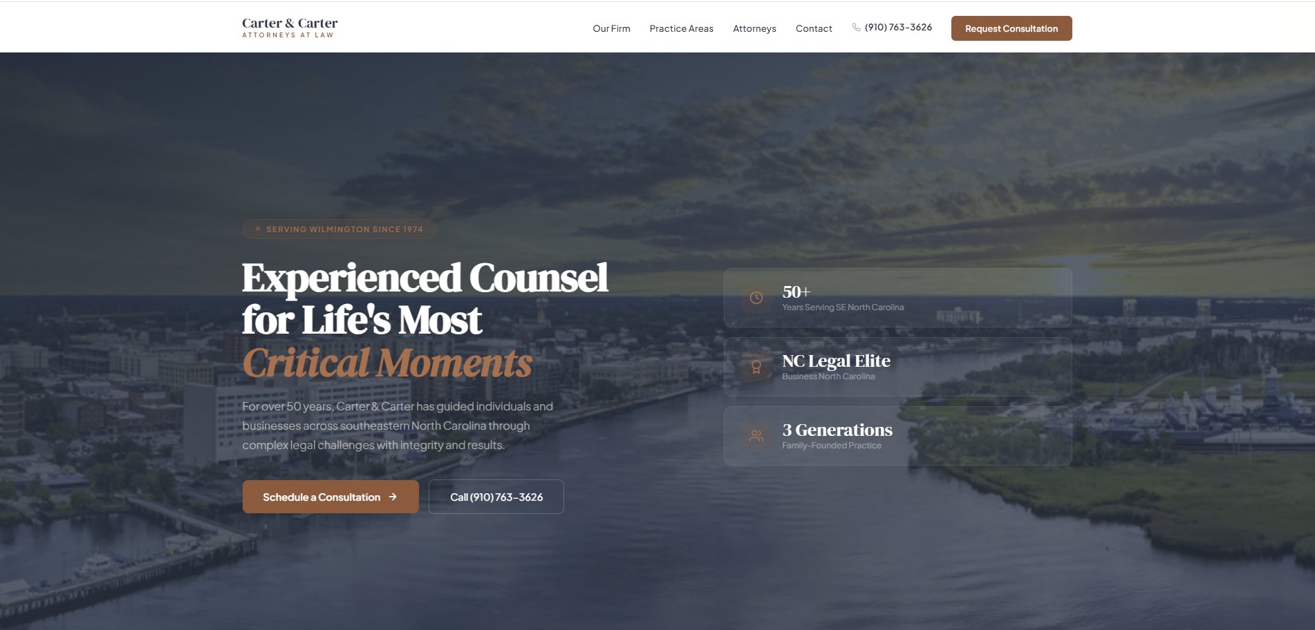 Carter and Carter Law Firm website — custom law firm web design and development by LuminArch in Wilmington, North Carolina
