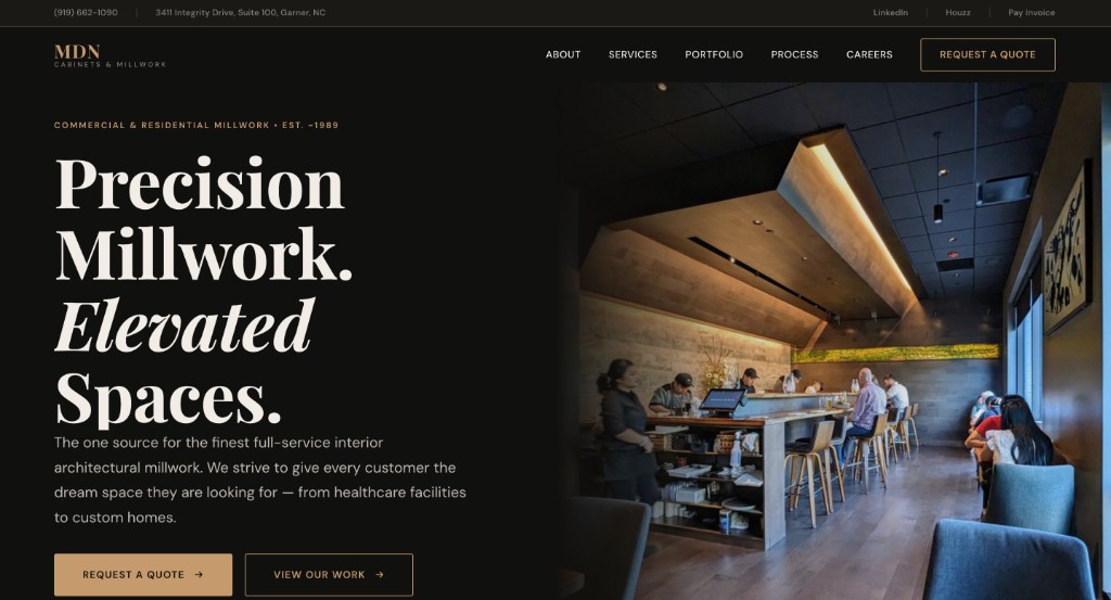 MDN Cabinets and Millwork website — custom commercial millwork web design and development by LuminArch in Garner, North Carolina